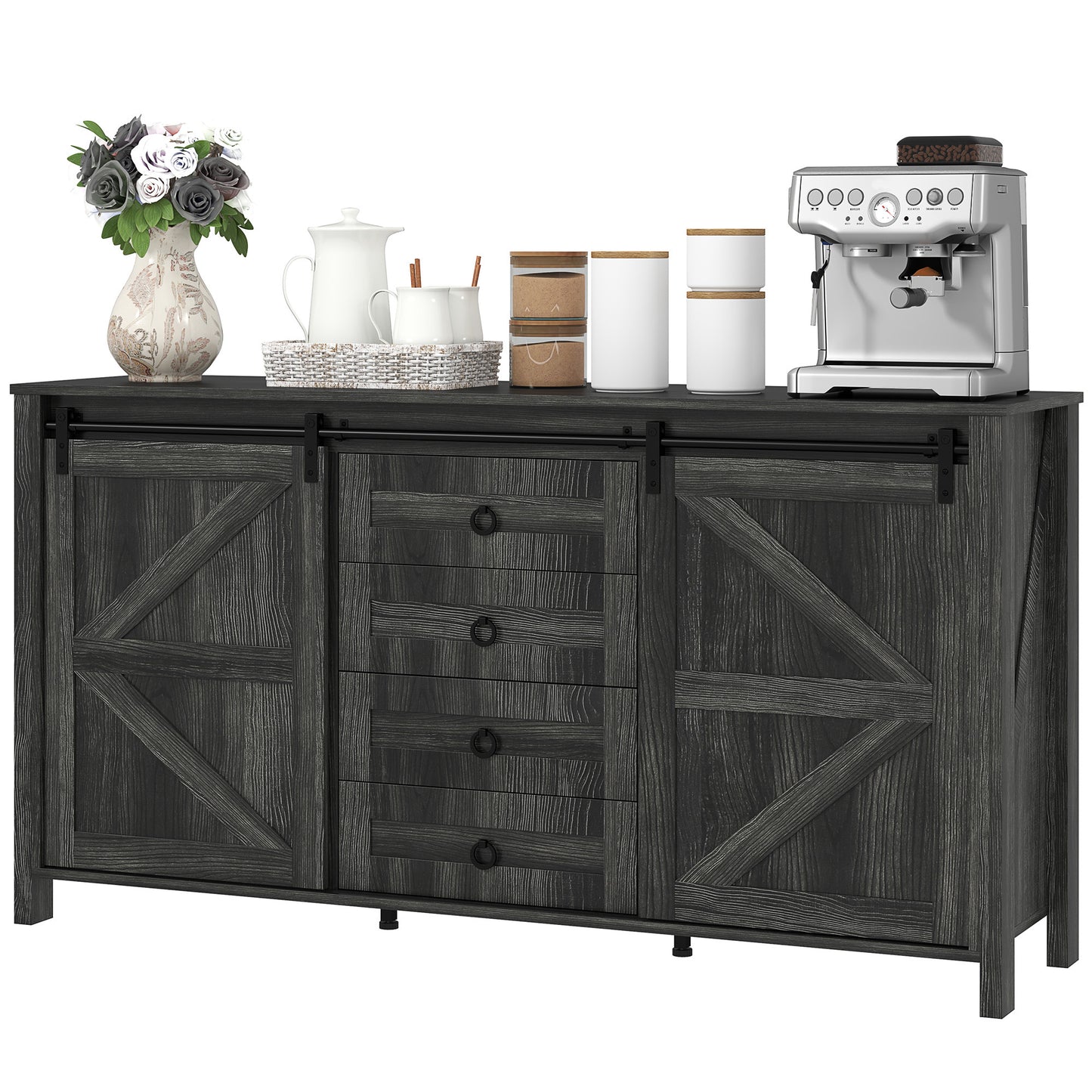 Farmhouse Sideboard With Sliding Barn Doors, Drawers & Adjustable Shelves