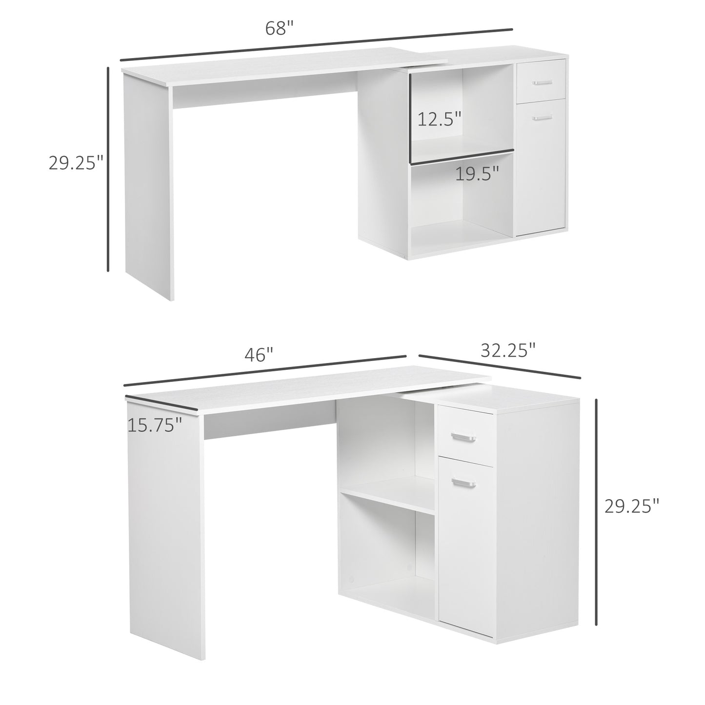 L-Shaped White Computer Desk With Rotating Shelves And Drawer
