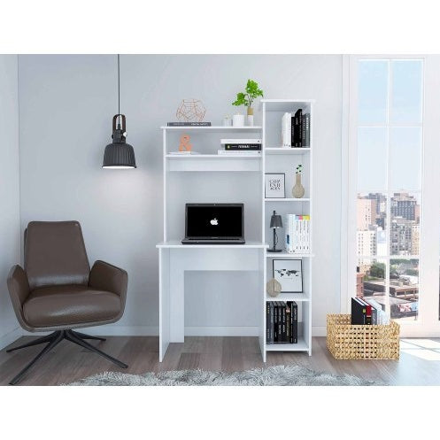 White 6-Shelf Writing Desk With Built-in Bookcase