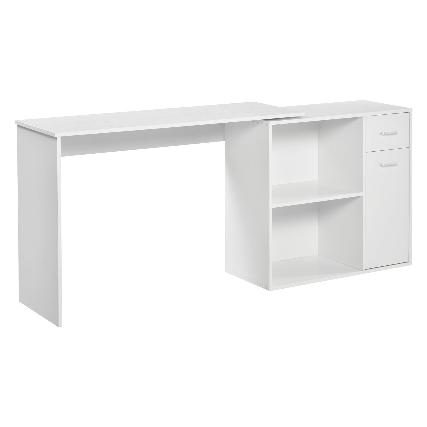 L-Shaped White Computer Desk With Rotating Shelves And Drawer