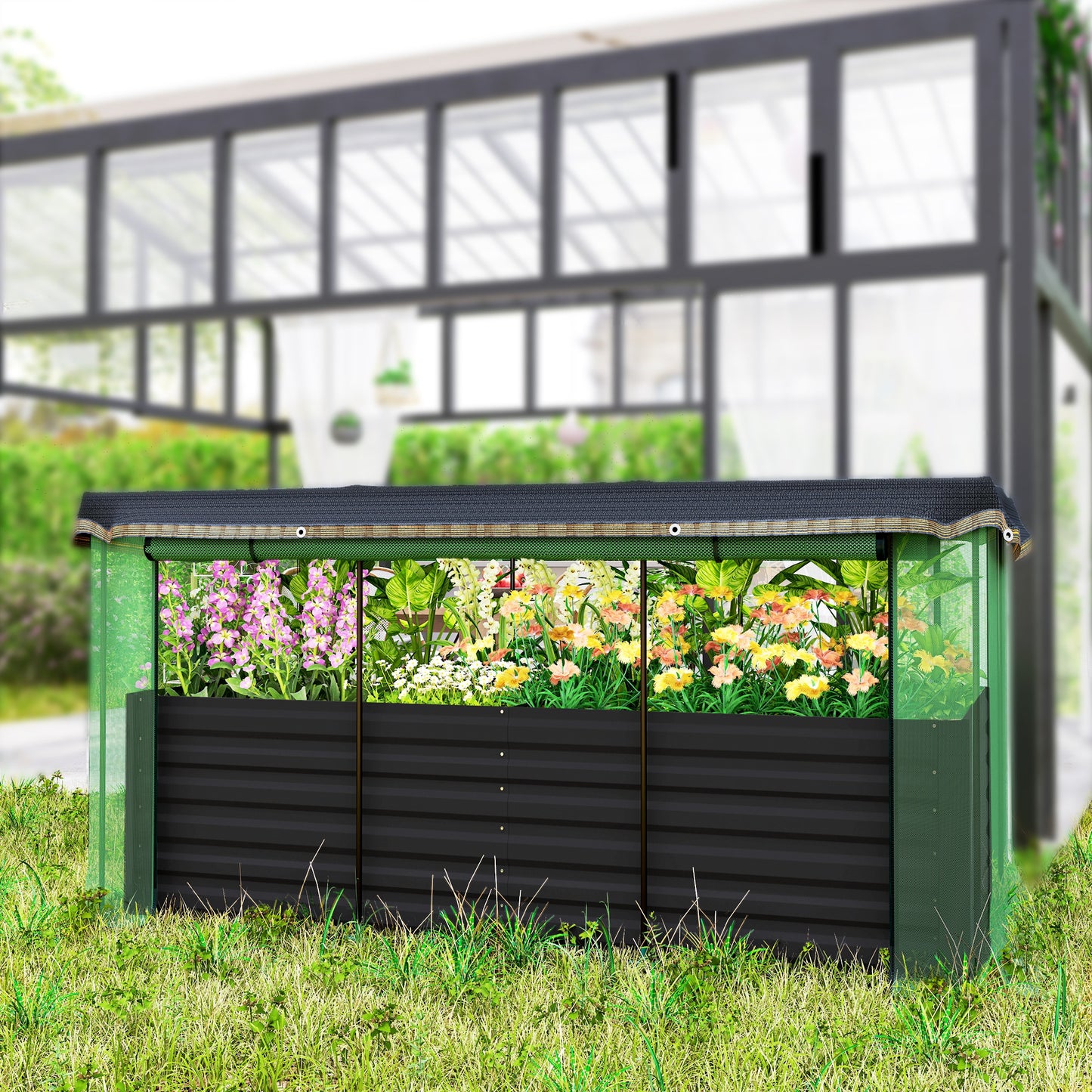 Galvanized Steel Planter Box with Crop Cage and Shade Cloth, Raised Garden Bed