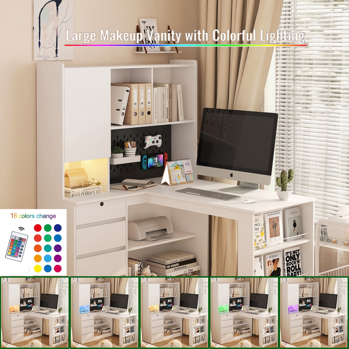 L Shaped Desk With Charger, Computer Desk With Drawers, Bookshelf, with LED Light,