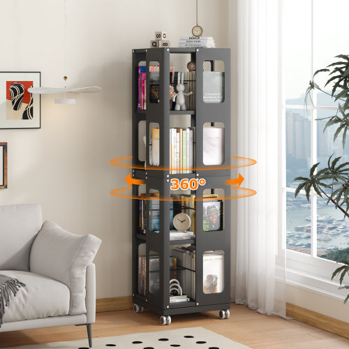 4-Tier All-Steel Rotating Bookshelf With 360  Wheels, Large Size Sturdy   Spacious Book Rack, New Style White Bookshelf,Easy Assembly