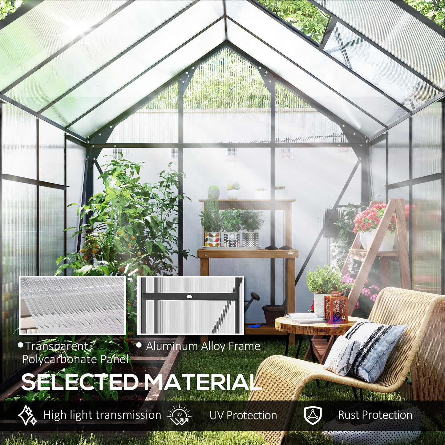 Polycarbonate Greenhouse, Heavy Duty Outdoor Aluminum Walk-in Green House Kit Vent Door