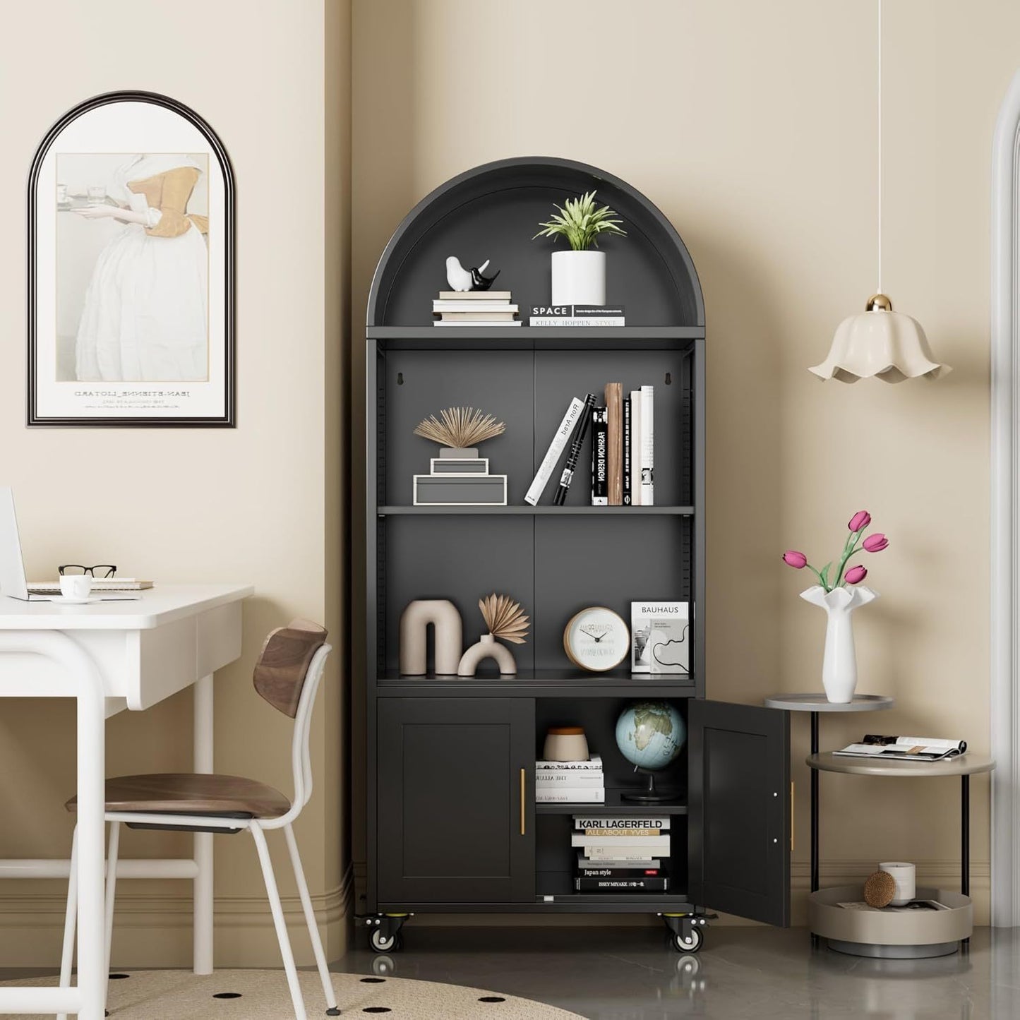 Metal Arched Bookcase With Wheels
