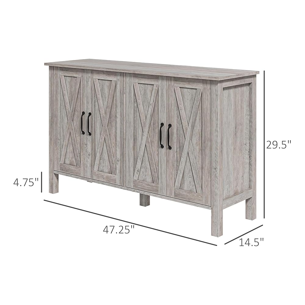 Buffet Cabinet, 47"" Sideboard With 4 Barn Doors And 2 Adjustable Shelves, Farmhouse Coffee Bar Cabinet, Gray Wood Grain