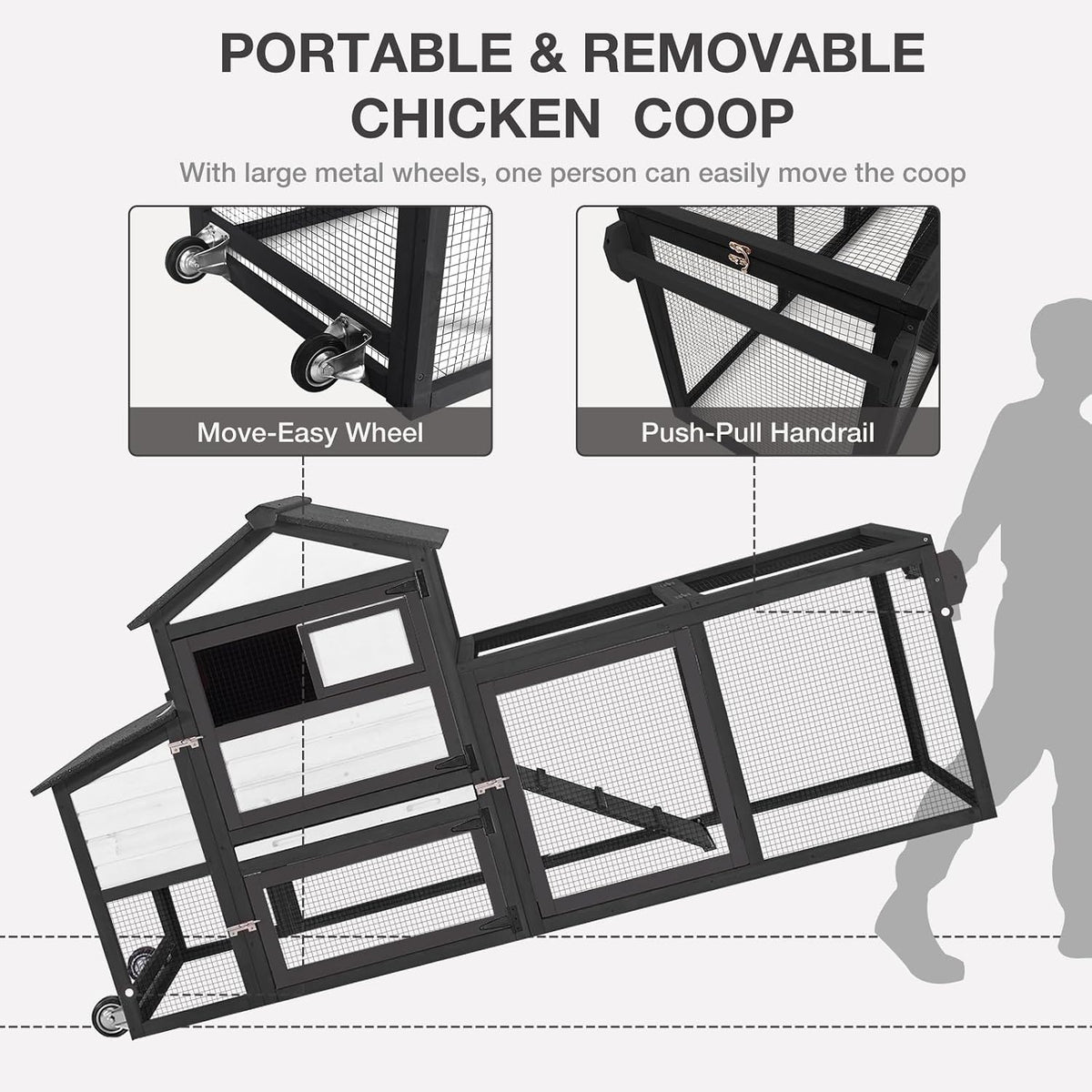 Mobile Chicken Coop with Wheels, Large Outdoor Hen House with Run for 4-6 Chickens, Weatherproof Asphalt Roof, Sanctionable Nesting Box & Pull-Out Tray, 6ft L x 2ft W x 3ft H - Black     Free K–12 Curriculum PDF Digital Download Included