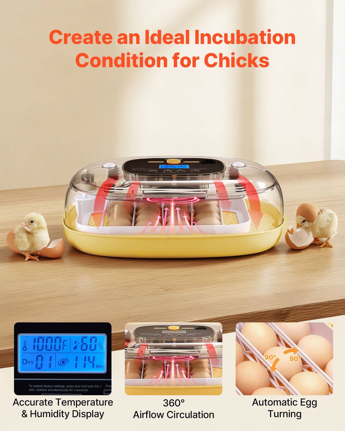24 Egg Incubator, Automatic Egg Turner With LED Candler, Temperature & Humidity Control, 360° View Clear