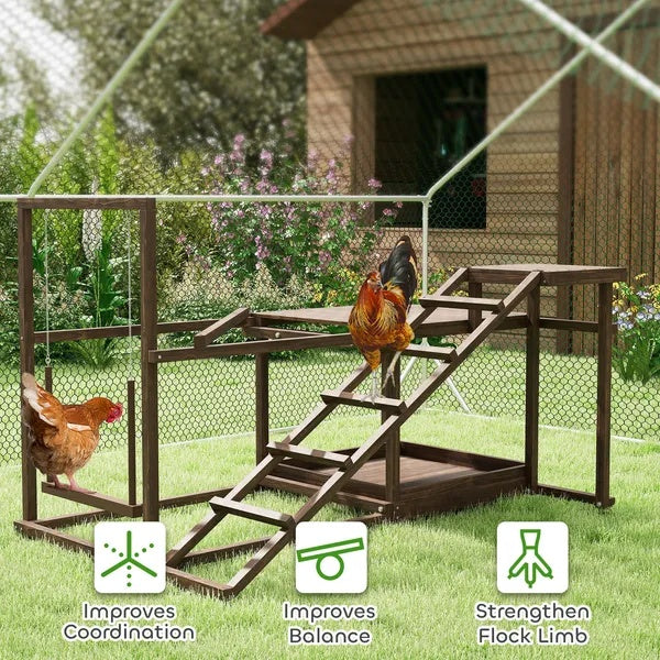 Wooden Chicken Activity Play Set With Perch, Swing, Ladder, Platforms, Feeder Storage