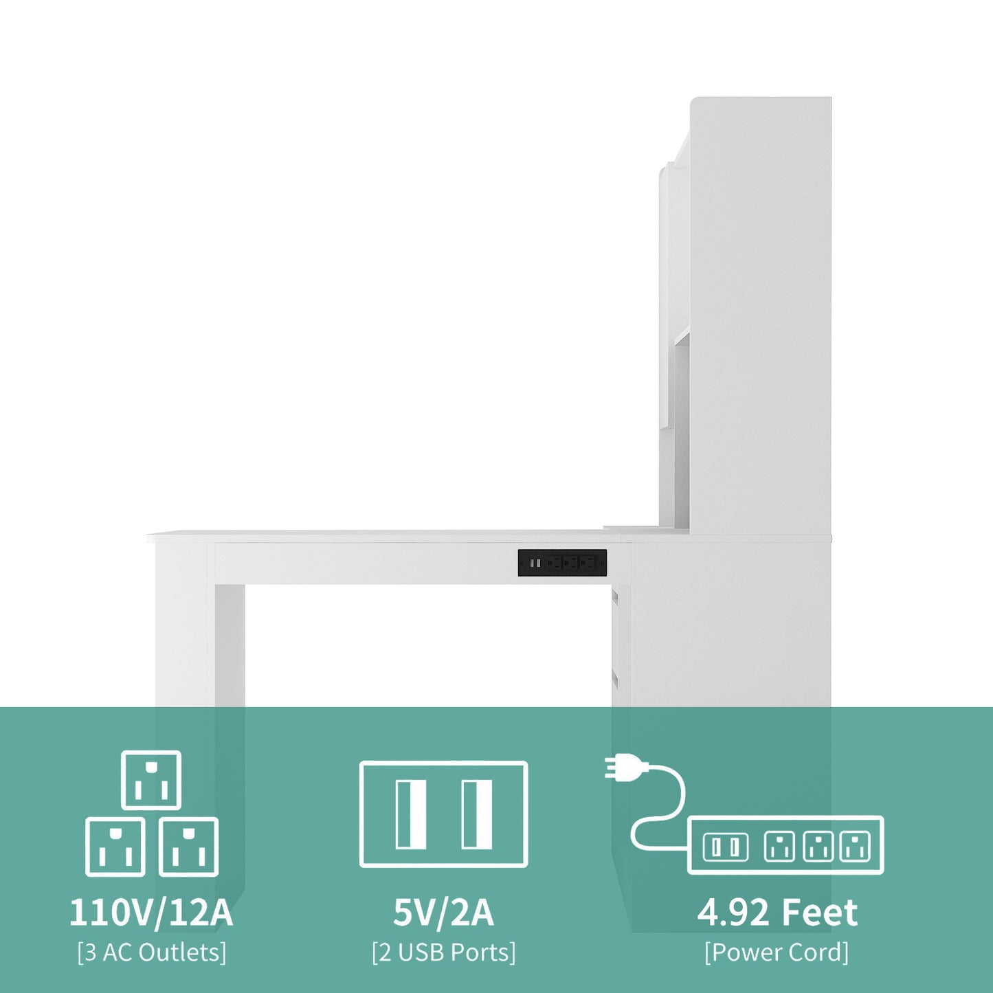 L Shaped Desk With Charger, Computer Desk With Drawers, Bookshelf, with LED Light,