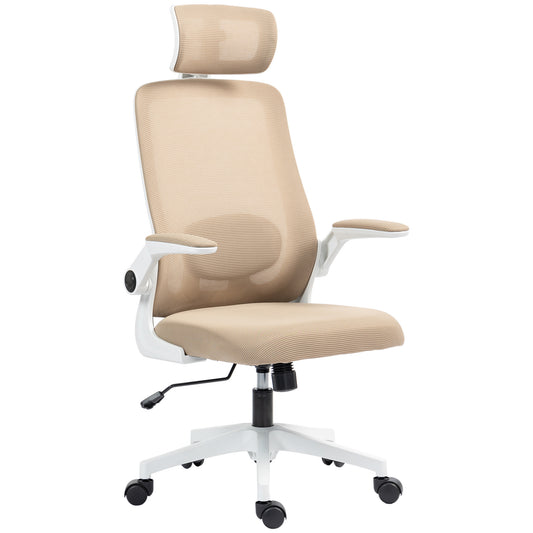 Ergonomic Desk Chair With Flip-up Armrest, Rotatable Headrest, Adjustable Lumbar Support, Khaki