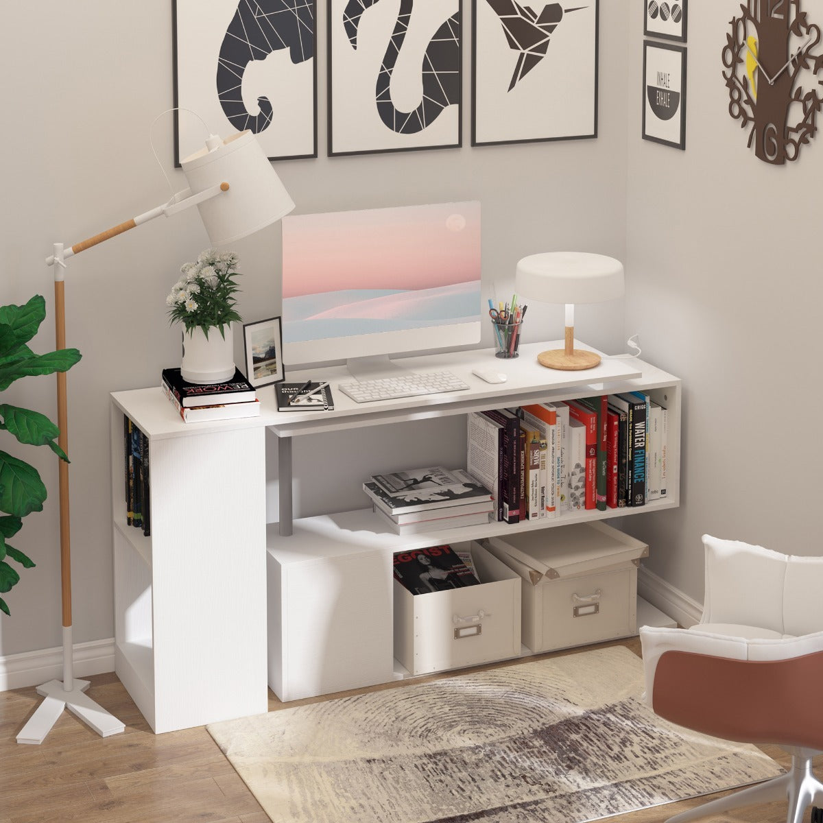 White Corner Computer Workstation with storage