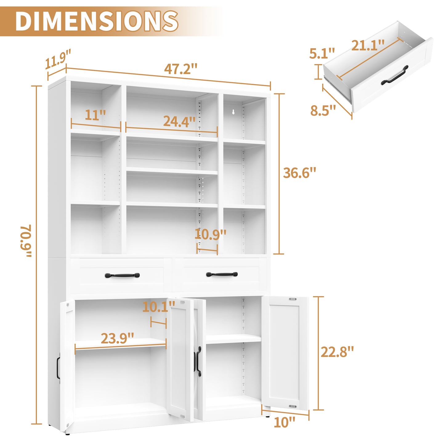 71  Tall Bookcase With Doors, Drawers & Adjustable Open Shelves,