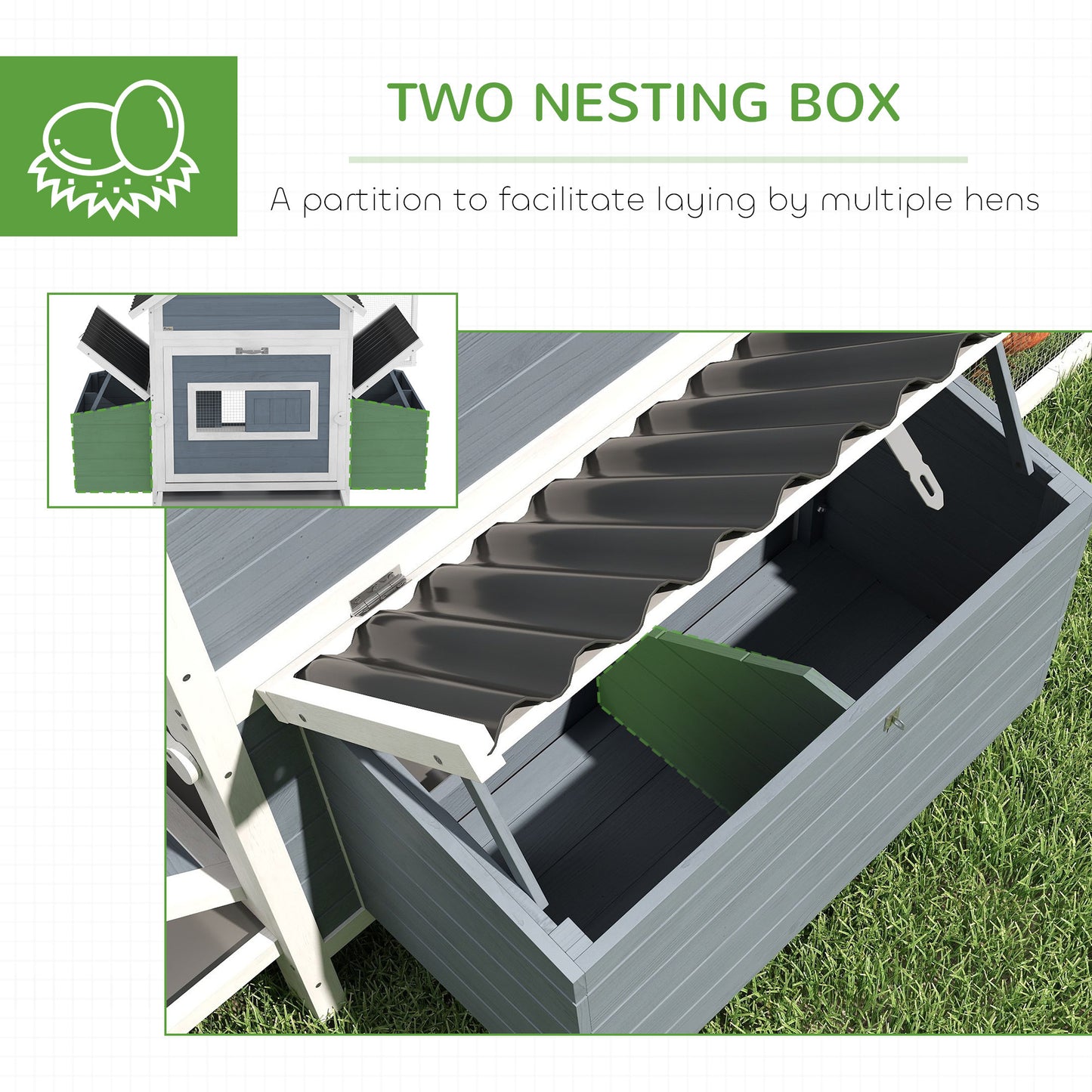 Extra Large Wooden Chicken Coop With 2 Nesting Box, Run Cage, Waterproof Wave Roof, For 10-15 Chickens, Light Gray