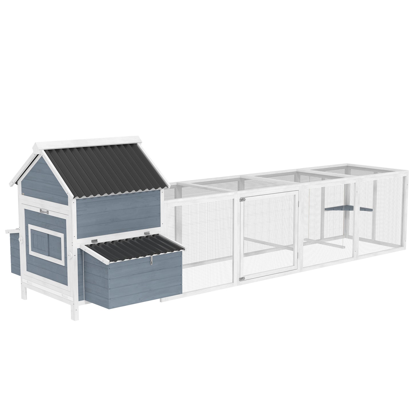 Extra Large Wooden Chicken Coop With 2 Nesting Box, Run Cage, Waterproof Wave Roof, For 10-15 Chickens, Light Gray