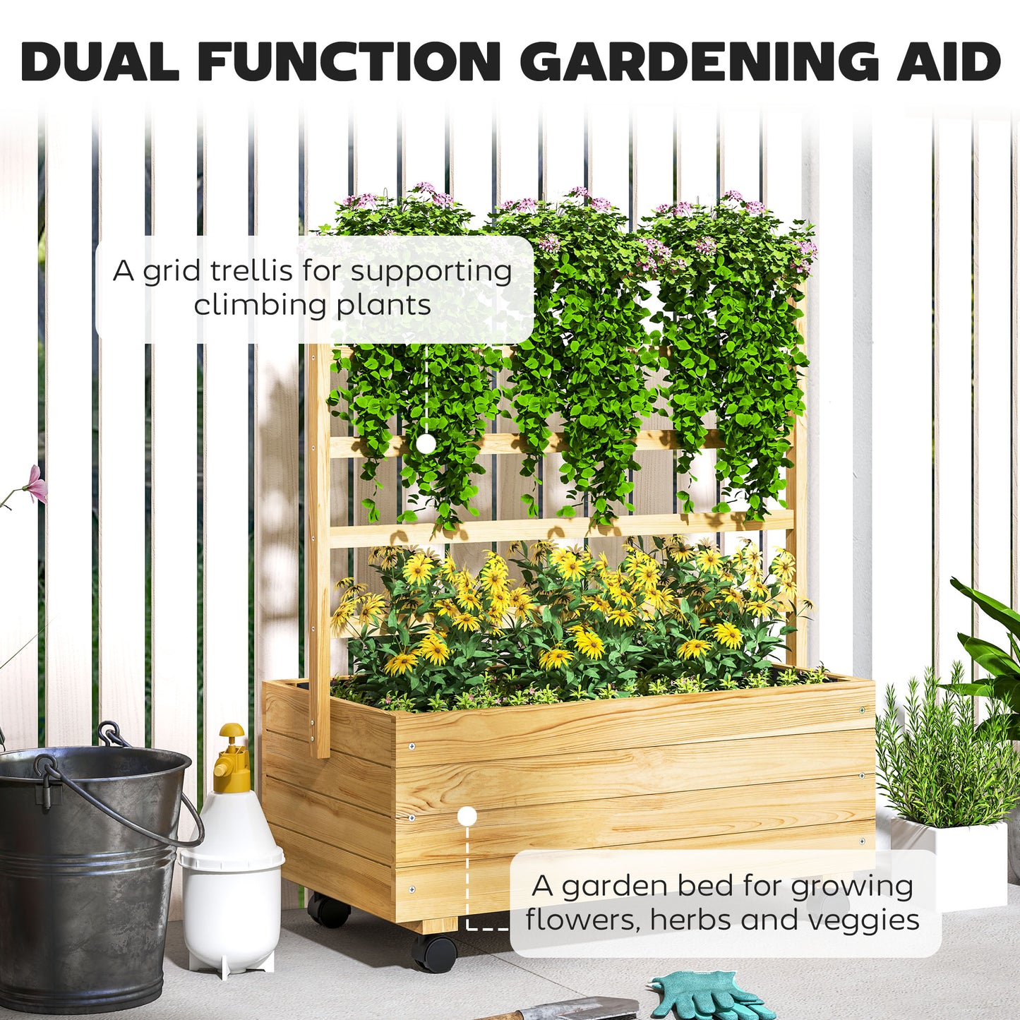 Raised Garden Bed with Trellis and Wheels