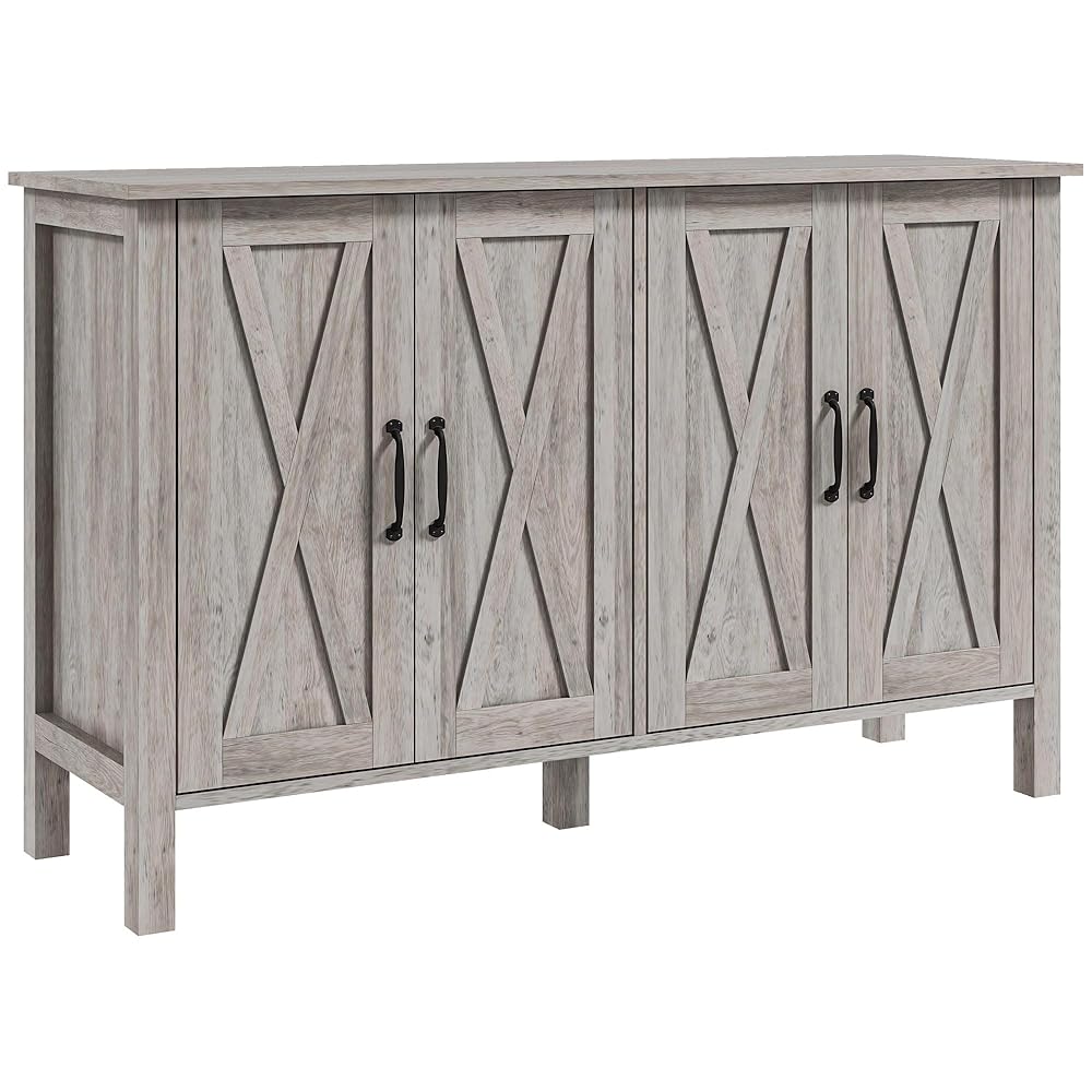 Buffet Cabinet, 47"" Sideboard With 4 Barn Doors And 2 Adjustable Shelves, Farmhouse Coffee Bar Cabinet, Gray Wood Grain