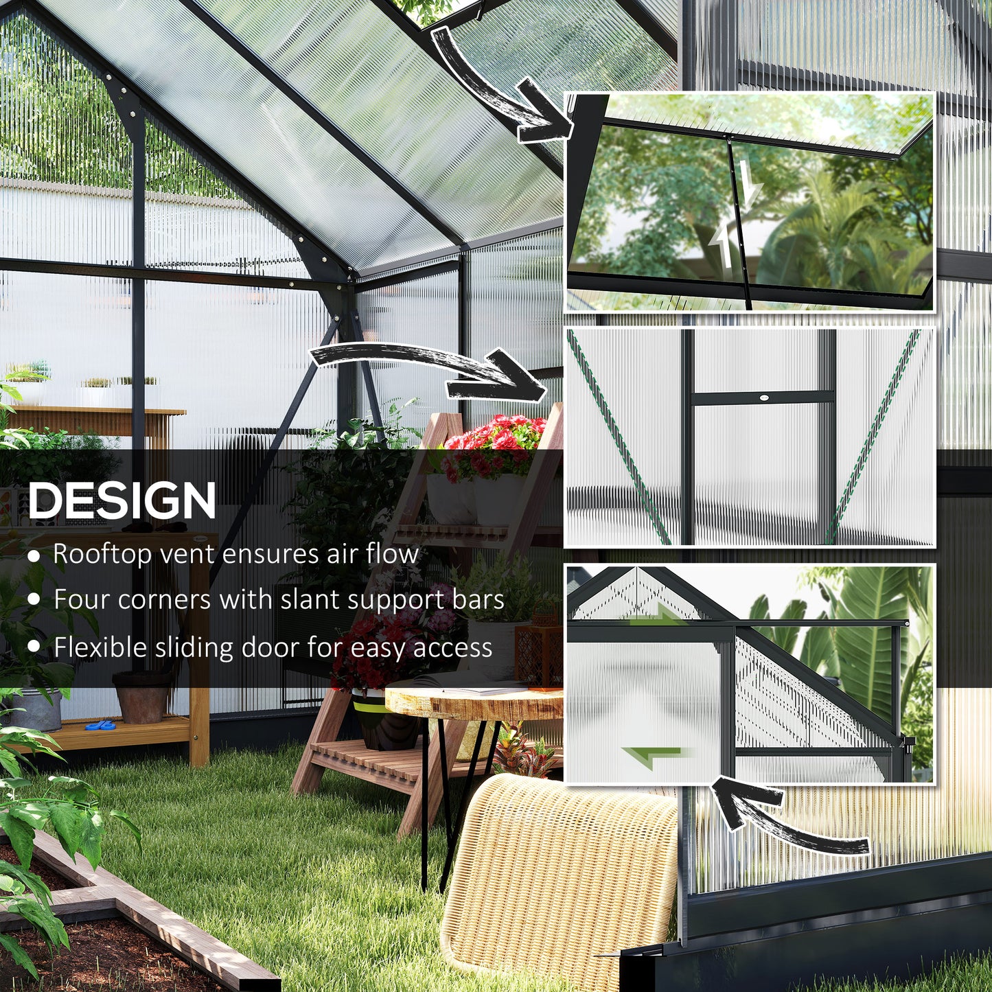 Polycarbonate Greenhouse, Heavy Duty Outdoor Aluminum Walk-in Green House Kit Vent Door