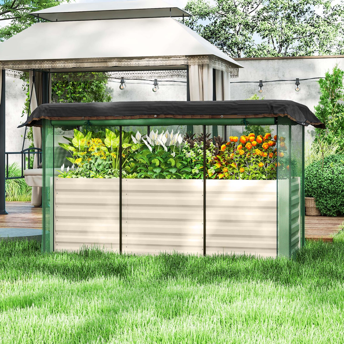 Galvanized Steel Planter Box with Crop Cage and Shade Cloth, Raised Garden Bed