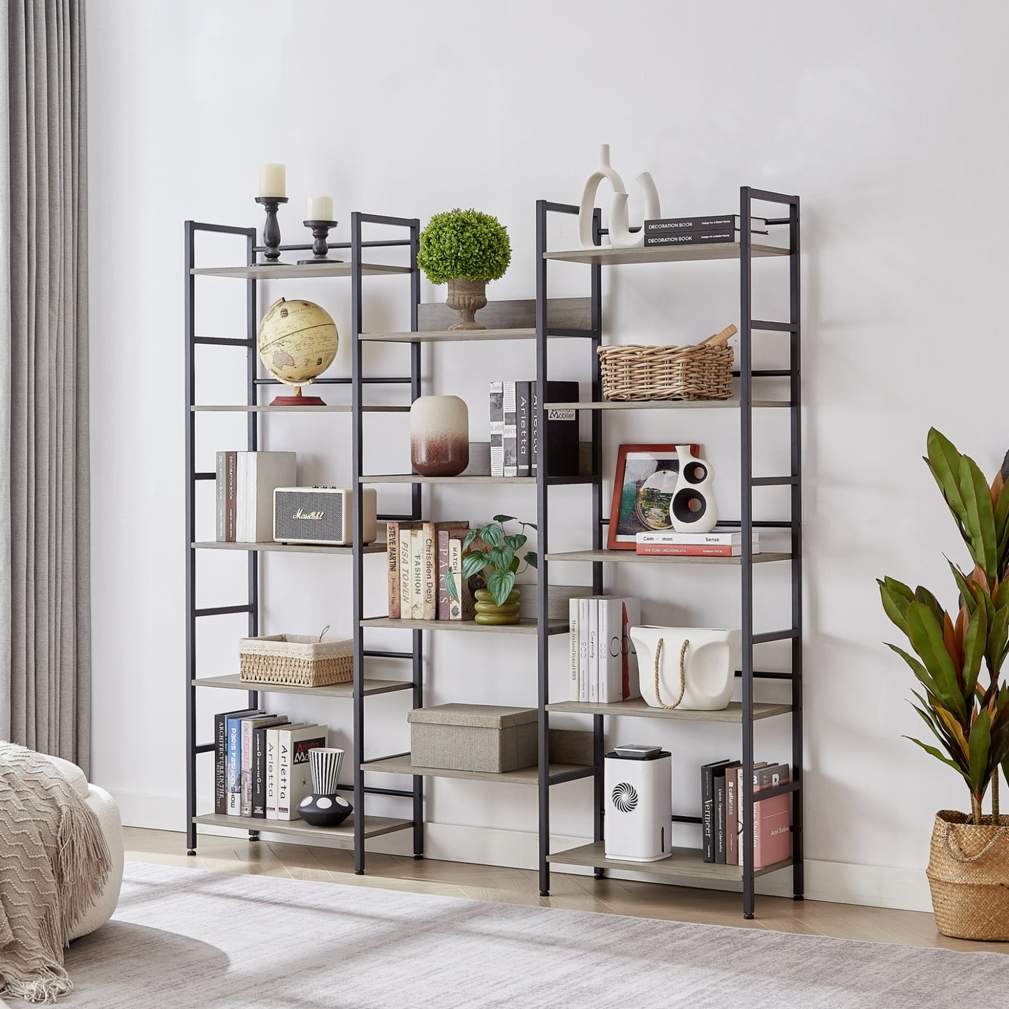 Triple Wide 5-Shelf Industrial Retro Bookshelves