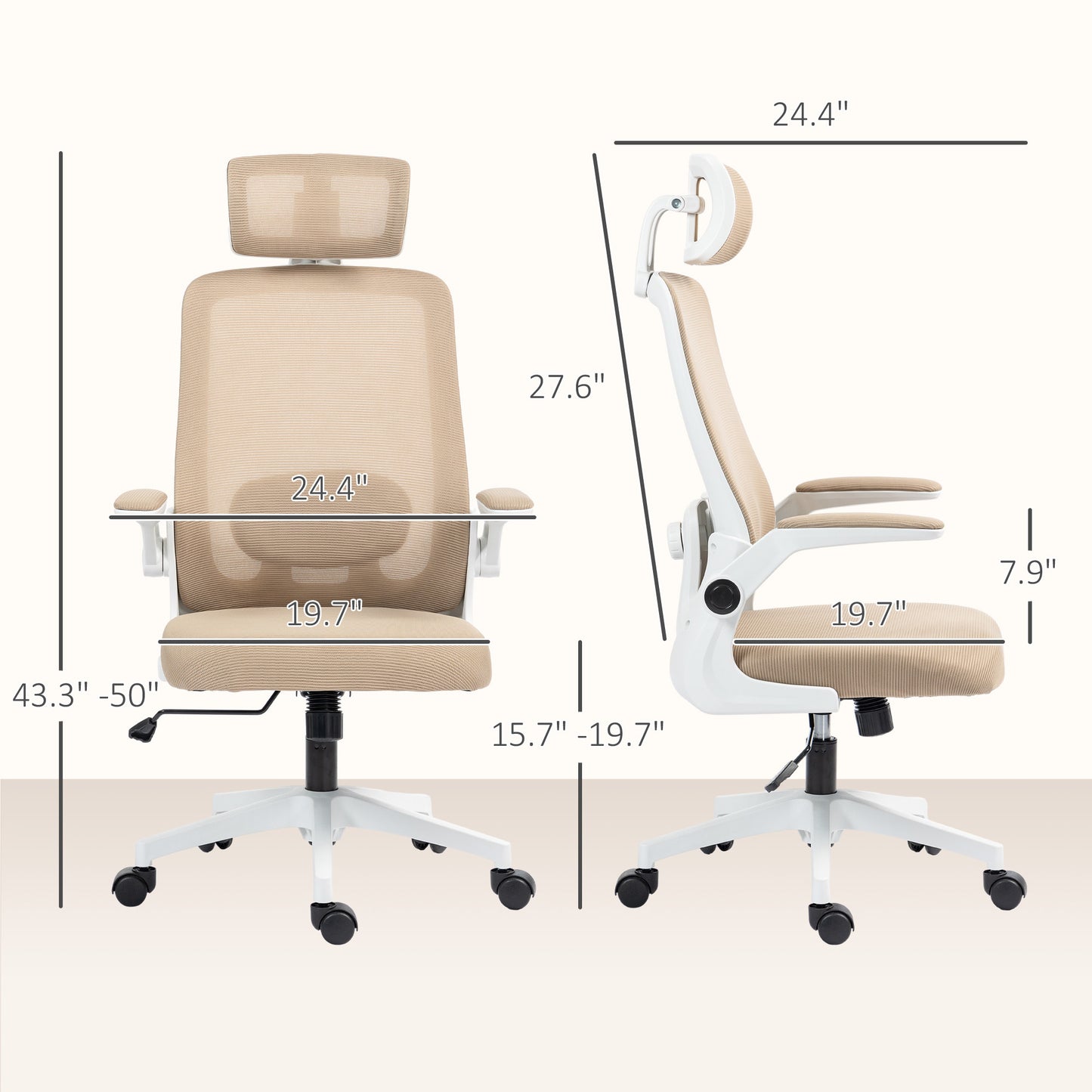 Ergonomic Desk Chair With Flip-up Armrest, Rotatable Headrest, Adjustable Lumbar Support, Khaki