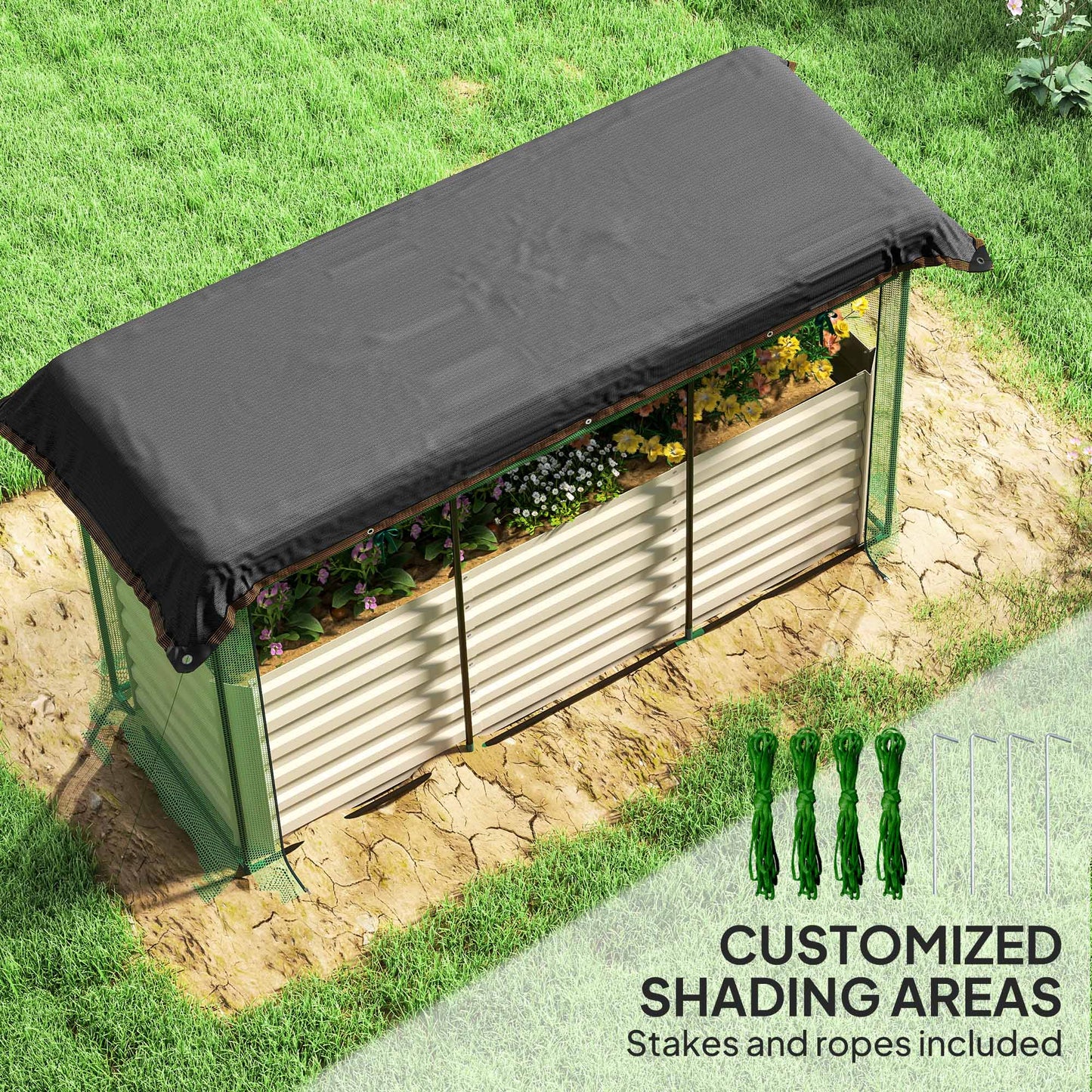 Galvanized Steel Planter Box with Crop Cage and Shade Cloth, Raised Garden Bed