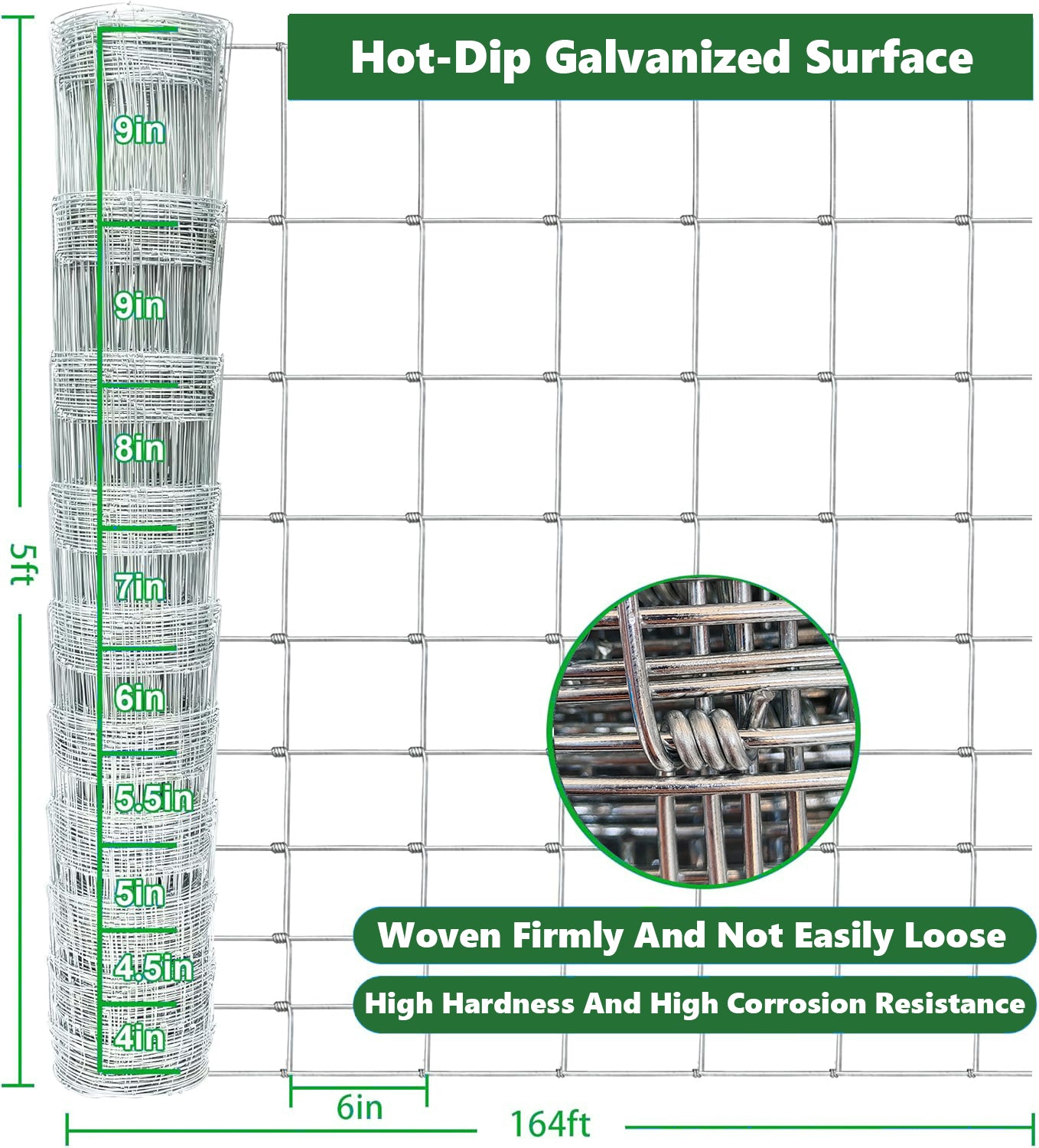 Farm Fence 5ft X 164ft 14Gauge Heavy Zinc Coating Cattle Fence,Galvanized Field Wire Fencing Deer Fence,Goat Fence,Hog