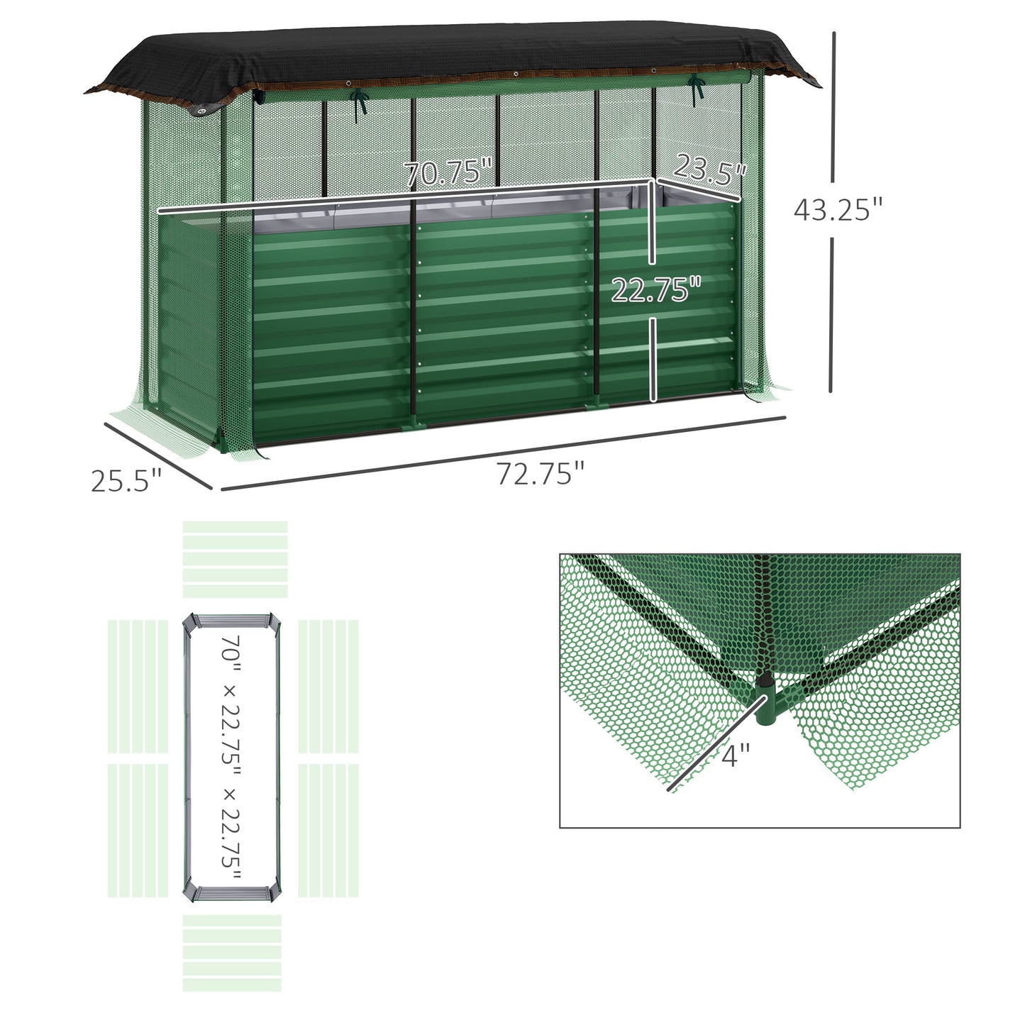Galvanized Steel Planter Box with Crop Cage and Shade Cloth
