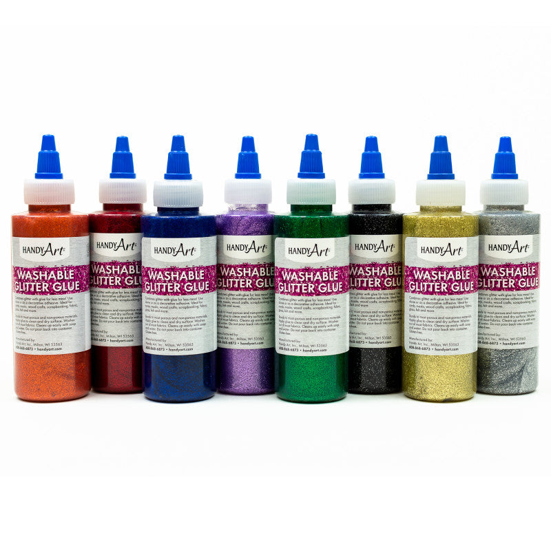 8CT GLITTER GLUE 4OZ BOTTLE SET ORG RED BLU GRN VIOLET BLK GLD SLV