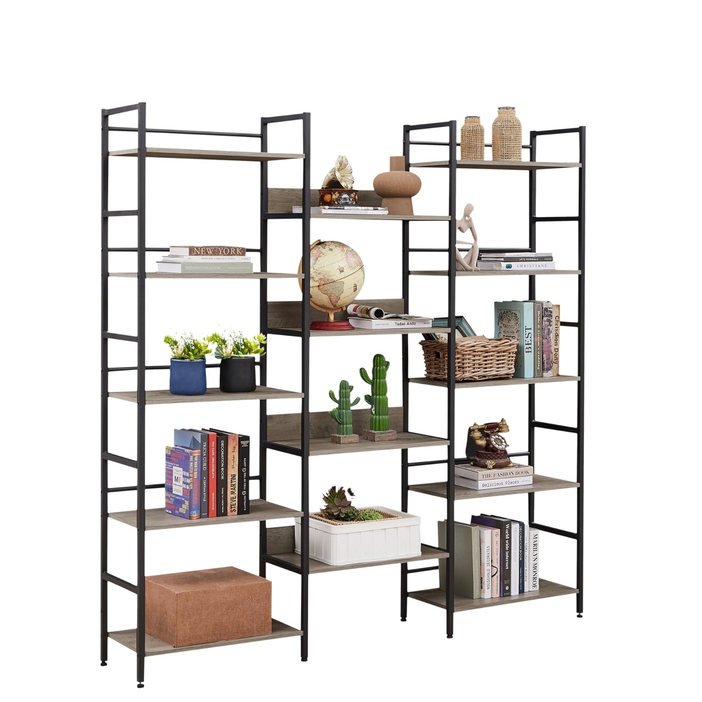 Triple Wide 5-Shelf Industrial Retro Bookshelves