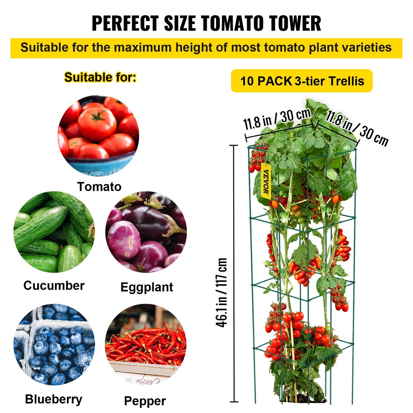 VEVOR Tomato Cages, 10 Packs Square Plant Support Cages, Green PVC-Coated Steel Tomato Towers For Climbing Vegetables, Plants, Flowers, Fruits Garden