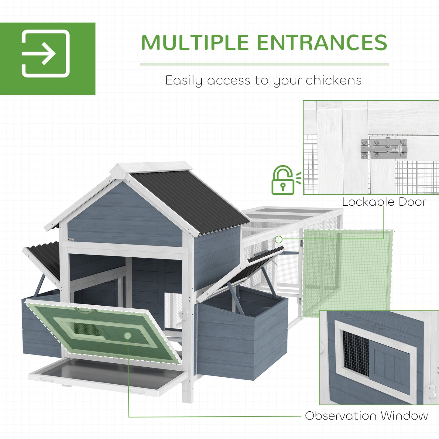 Extra Large Wooden Chicken Coop With 2 Nesting Box, Run Cage, Waterproof Wave Roof, For 10-15 Chickens, Light Gray