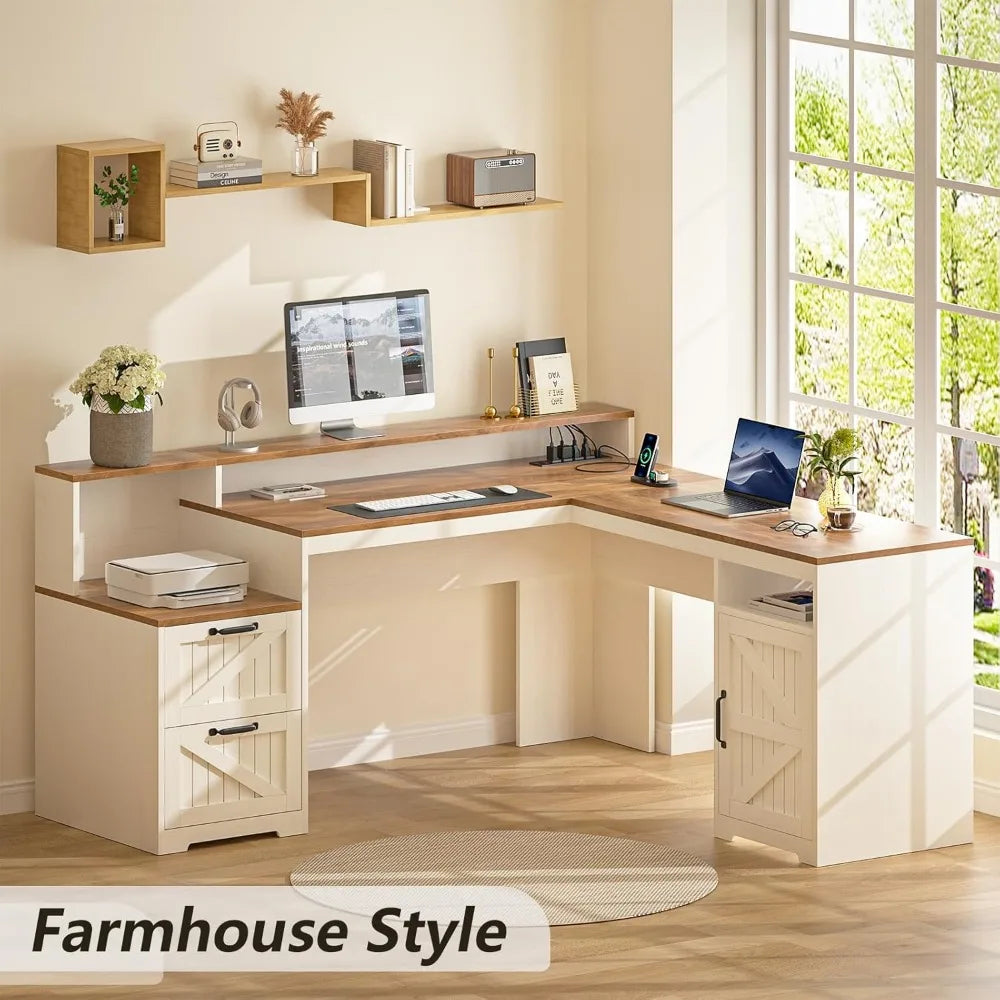 Farmhouse L Shaped Executive Desk with Drawers & Storage Shelf