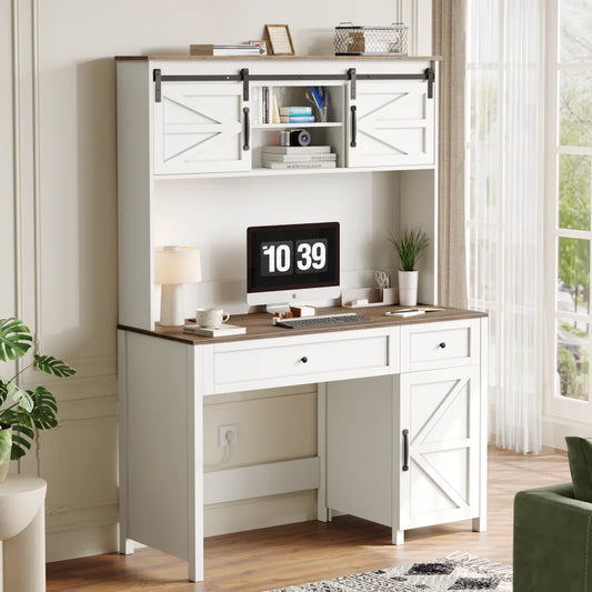 Farmhouse Style Office Desk With Charging Station