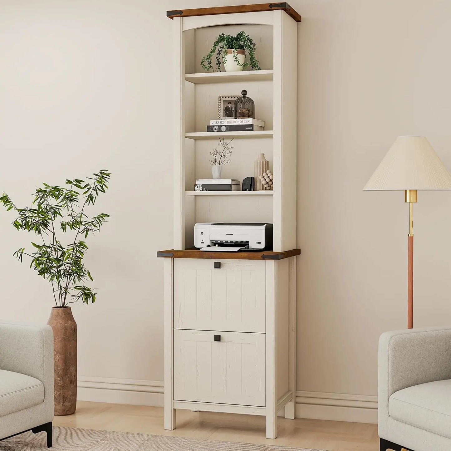 71" Tall Bookcase Set of 2, Farmhouse Book Shelf with Storage Cabinet