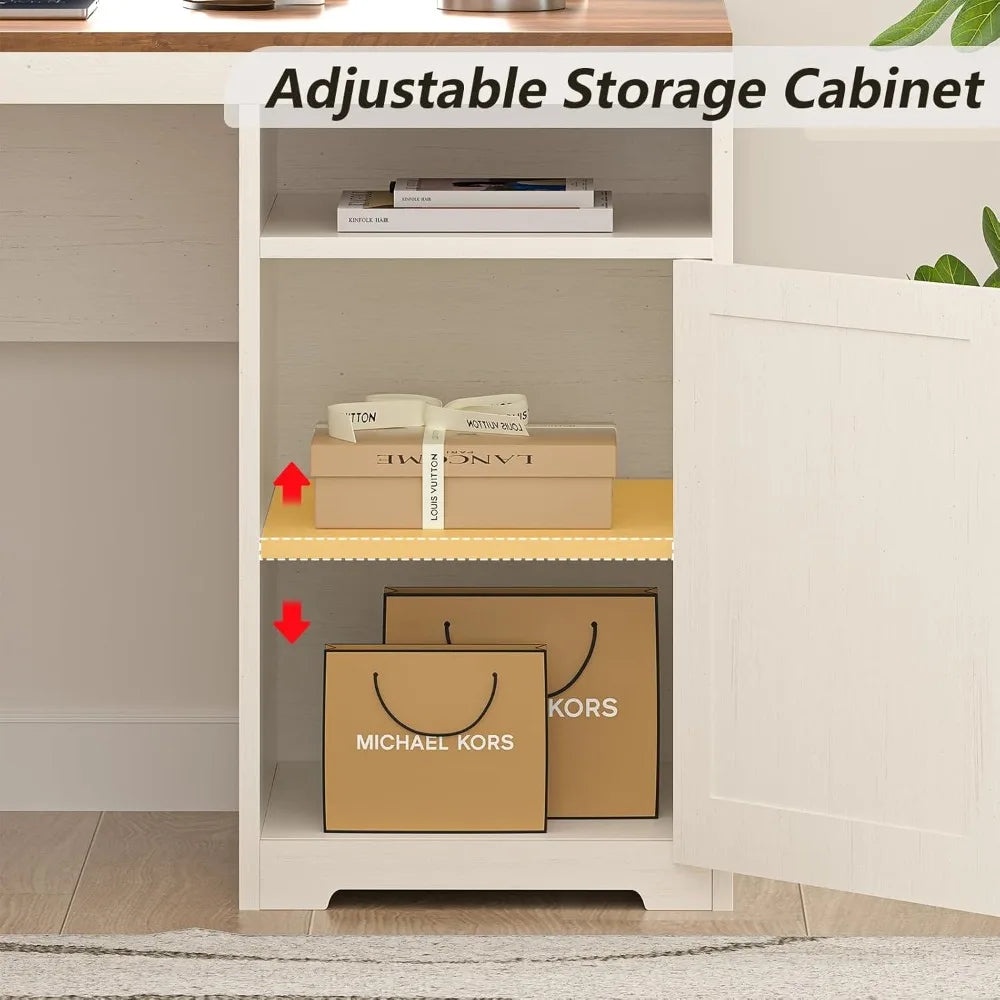 Farmhouse L Shaped Executive Desk with Drawers & Storage Shelf