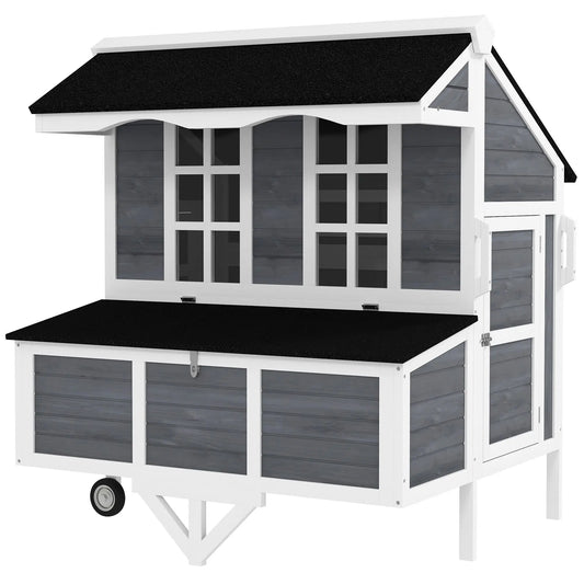 43\" Gray Chicken Coop with Wheels Chicken Tractor Featuring Nesting Box Windows and Pull-Out Tray Perches for 2-4 Hens