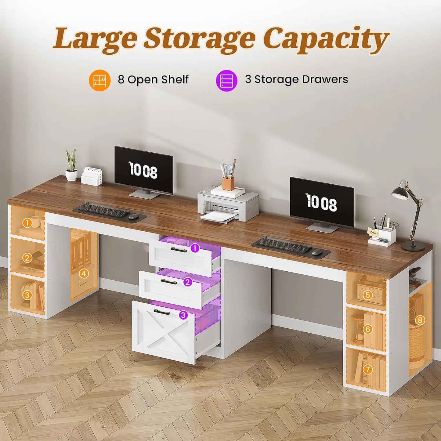 96.5" Computer Desk with Drawers,2 Person Desk