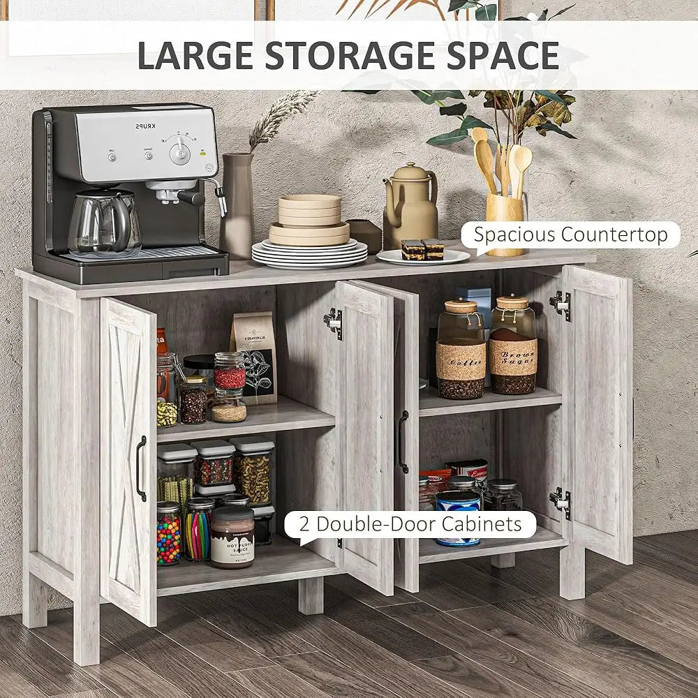 Buffet Cabinet, 47"" Sideboard With 4 Barn Doors And 2 Adjustable Shelves, Farmhouse Coffee Bar Cabinet, Gray Wood Grain
