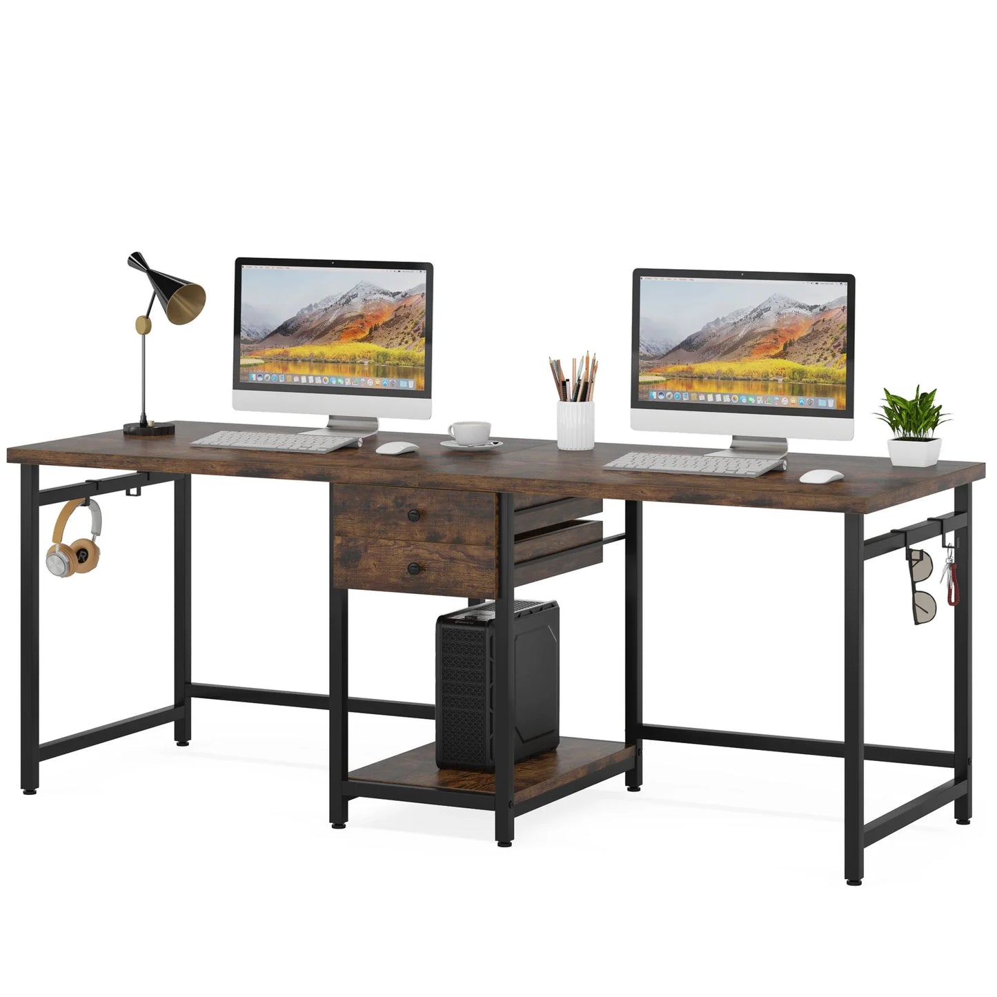 Two Person Desk with 2 Drawers, Long Double Computer Desk