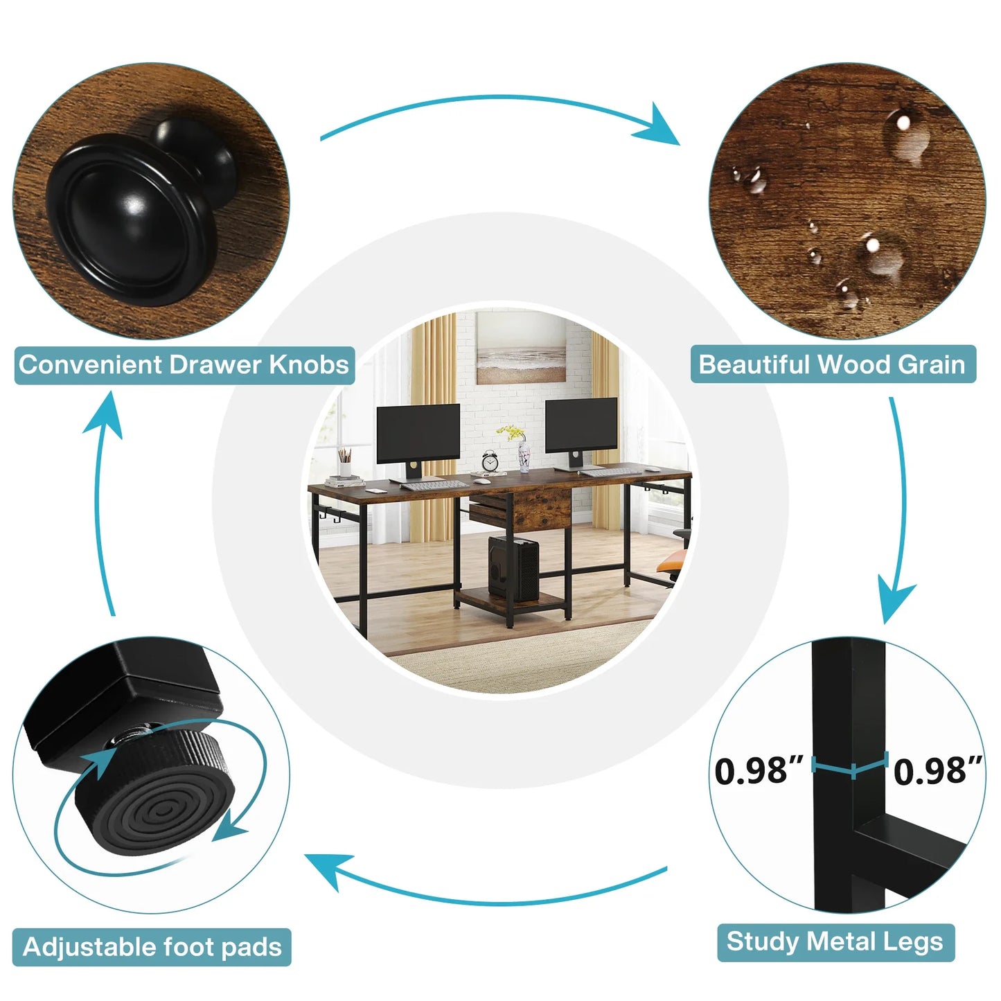 Two Person Desk with 2 Drawers, Long Double Computer Desk