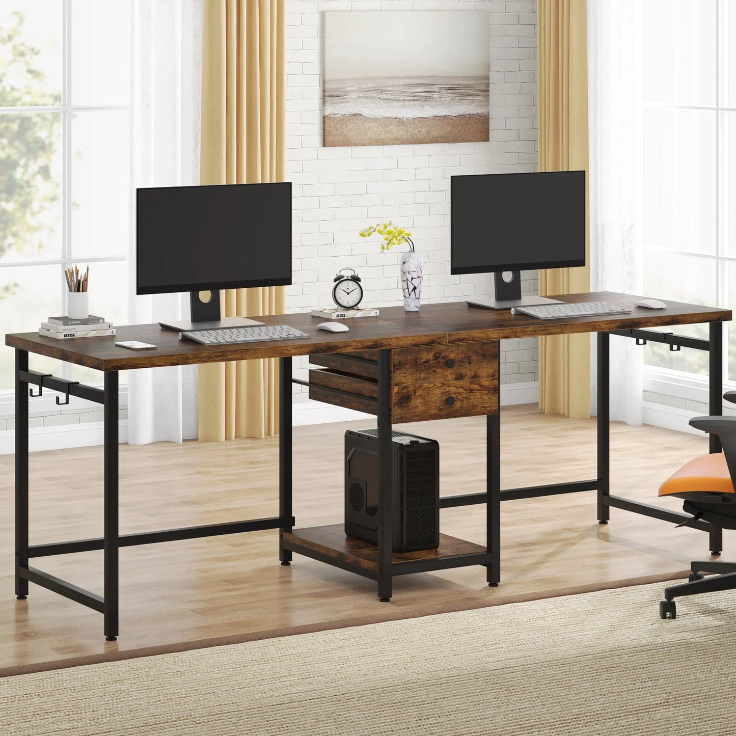 Two Person Desk with 2 Drawers, Long Double Computer Desk