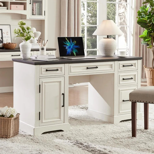 Farmhouse Computer Desk with Drawers and Cabinet