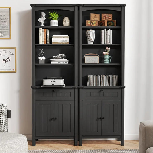 71" Tall Bookcase Set of 2, Farmhouse Book Shelf with Storage Cabinet