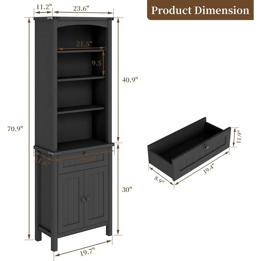 71" Tall Bookcase Set of 2, Farmhouse Book Shelf with Storage Cabinet