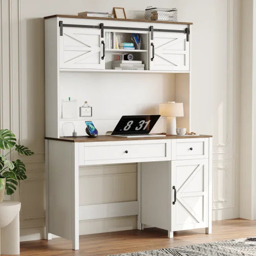 Farmhouse Style Office Desk With Charging Station