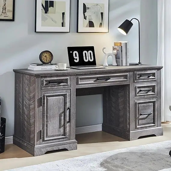Farmhouse Computer Desk with Drawers and Cabinet