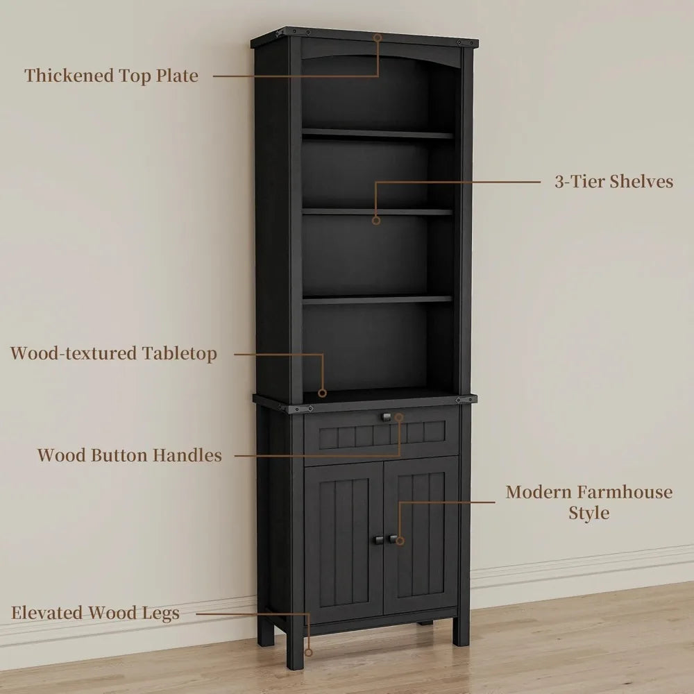 71" Tall Bookcase Set of 2, Farmhouse Book Shelf with Storage Cabinet