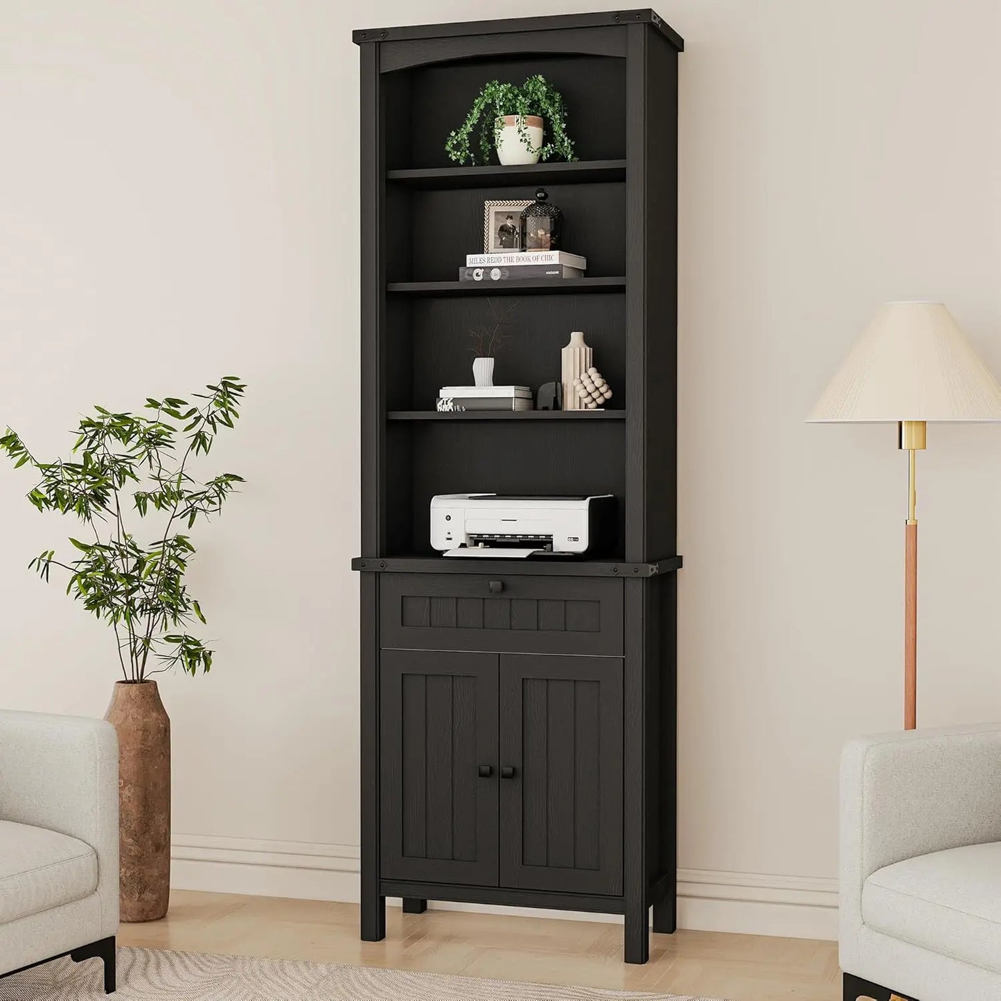 71" Tall Bookcase Set of 2, Farmhouse Book Shelf with Storage Cabinet