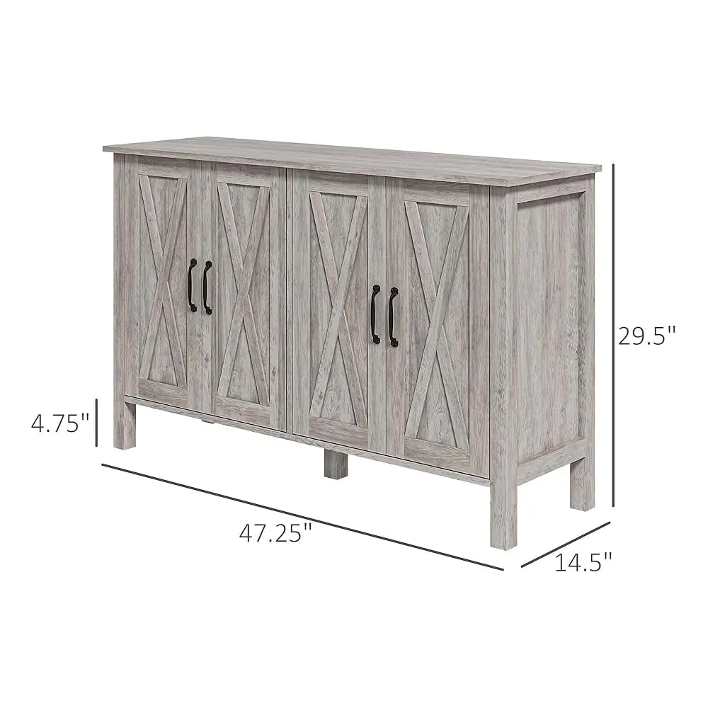 Buffet Cabinet, 47"" Sideboard With 4 Barn Doors And 2 Adjustable Shelves, Farmhouse Coffee Bar Cabinet, Gray Wood Grain